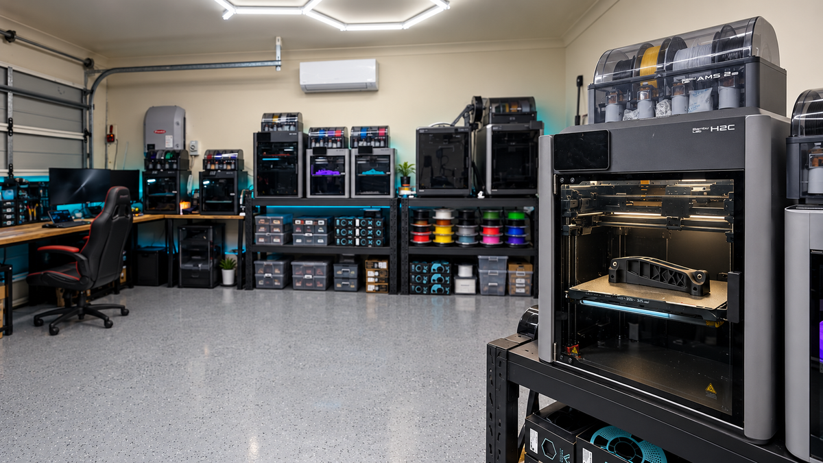 Bambu Lab H2C 3D printing in the GLab Customs workshop