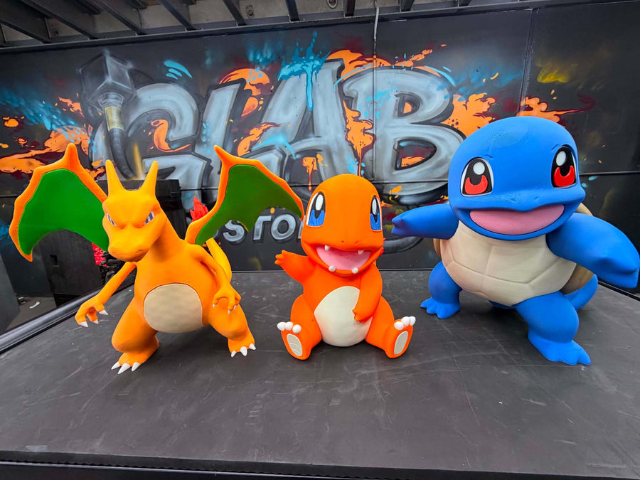 Large colourful 3D printed character figures made by GLab Customs