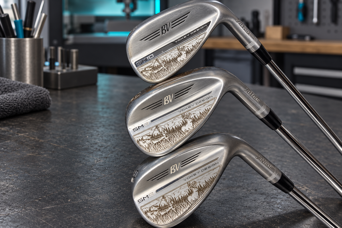 Custom hunting scene laser engraved on three golf irons by GLab Customs