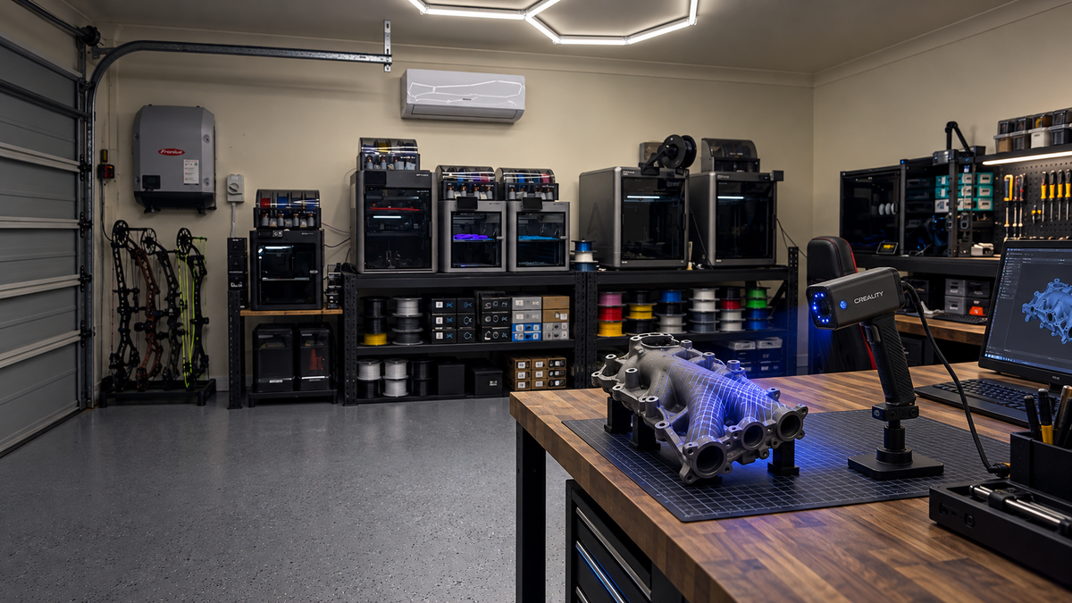 Creality CR-Scan Raptor scanning an automotive component in the clean GLab Customs home garage