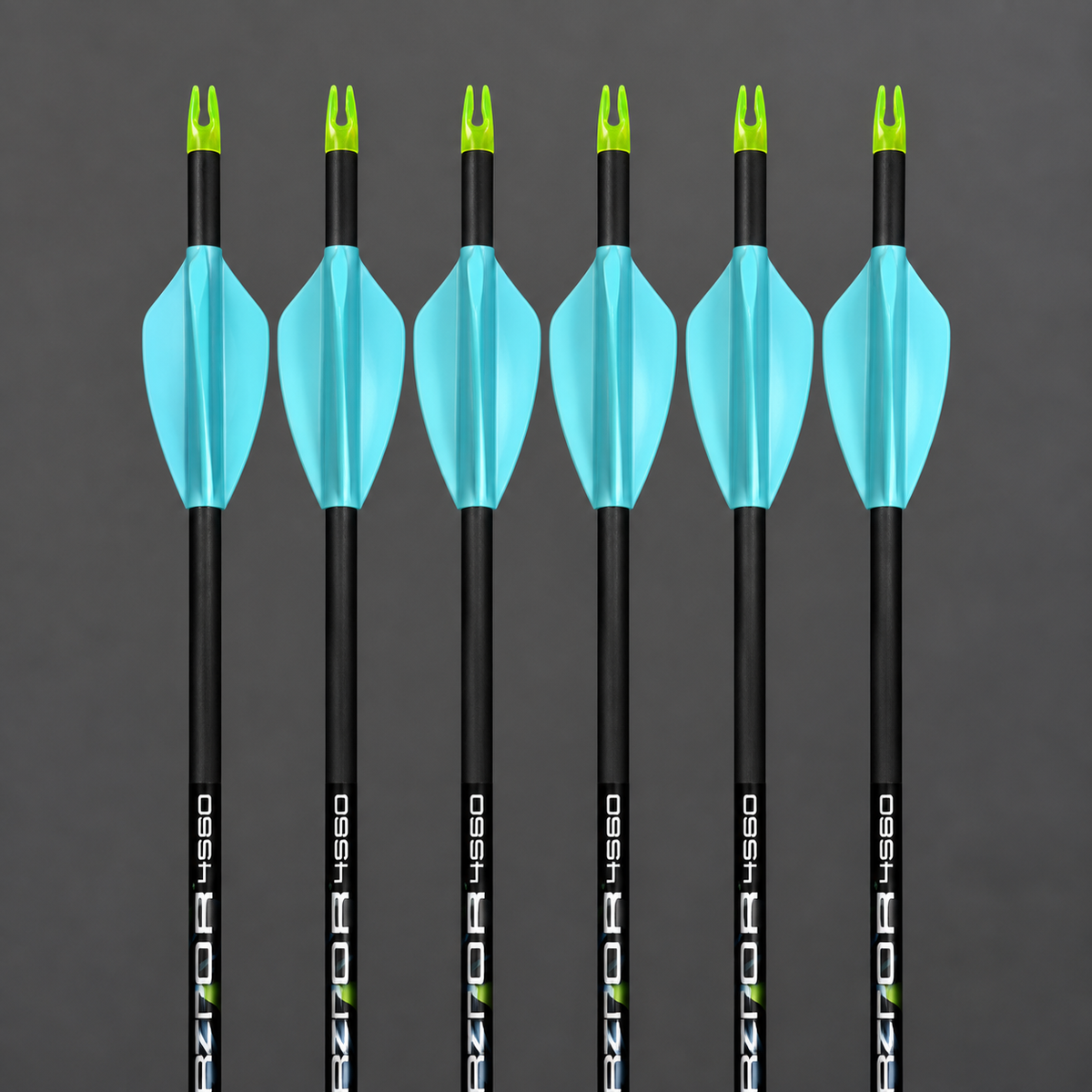 Six blue Grizzly slide-on vanes on .244 arrows, close product view
